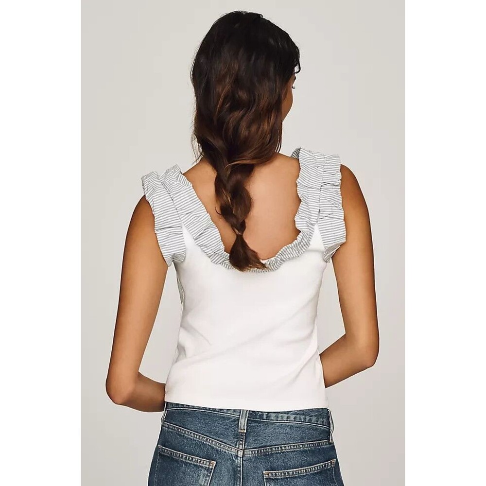 NWT Maeve Cotton Contrast Ruffle Tank Top XS White Gray Stripe Anthropologie